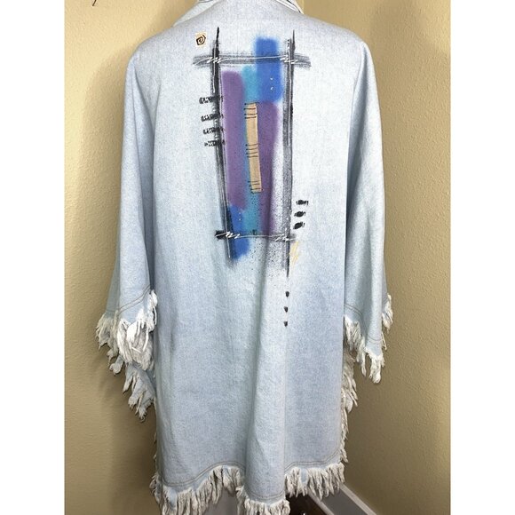 Denim Fringed Jacket XL Southwestern Painted Cotton Open Front Whimsiegoth Hip - Picture 4 of 13